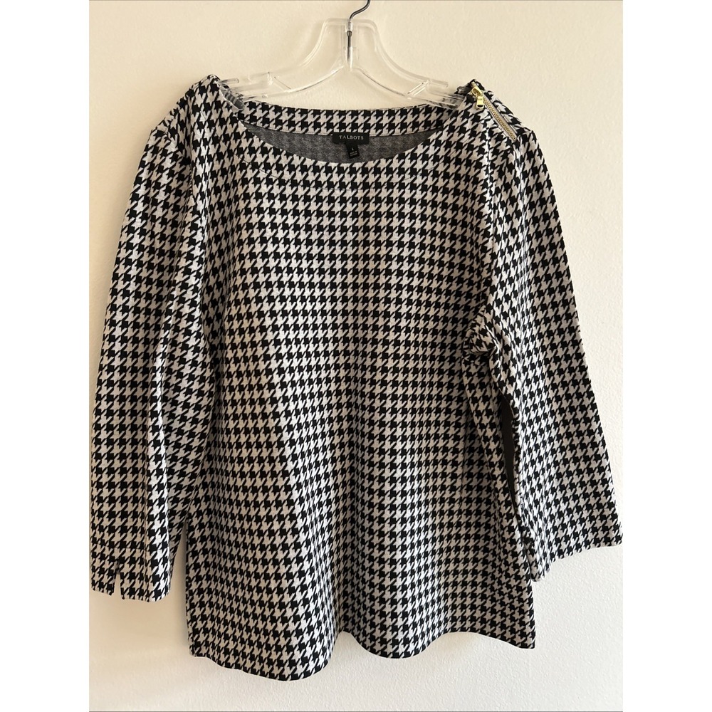 Talbots Womens Zip Shoulder Tunic Top Women's Sz L Black Houndstooth 3/4 Sleeve
